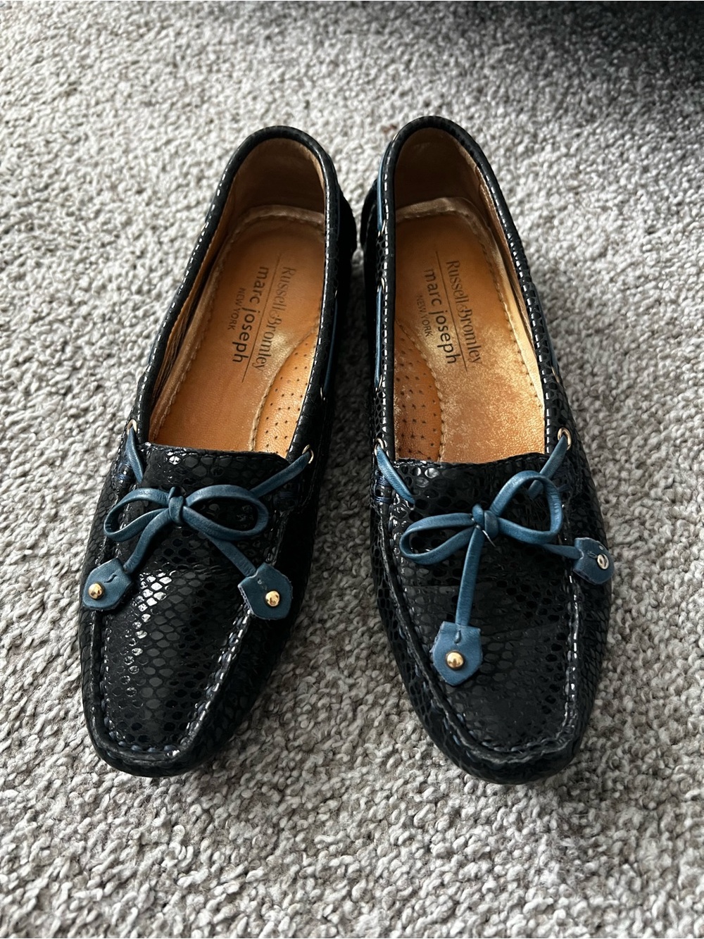 Marc Joseph Black Patent Loafers with Blue Lace Accents